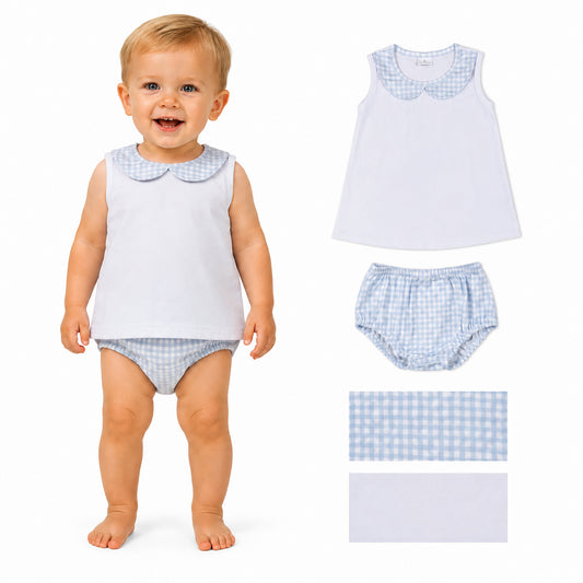 Baby Boys Light Blue Checked Collar Tunic Bummies Clothes Sets