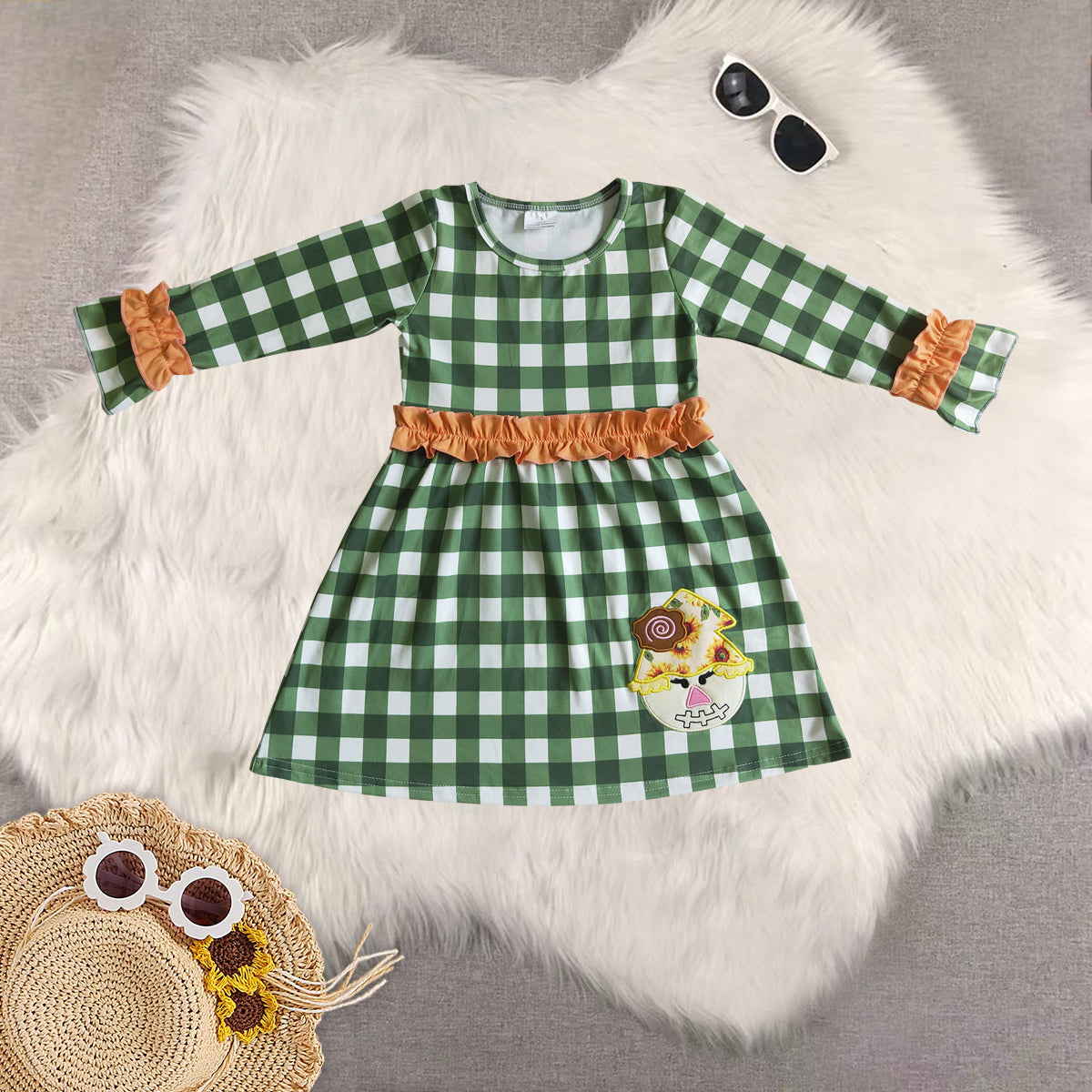 Sibling Baby Girls Long Ruffle Sleeves Green Plaid Scarecrow Tunic Pant Fall Set Dresses