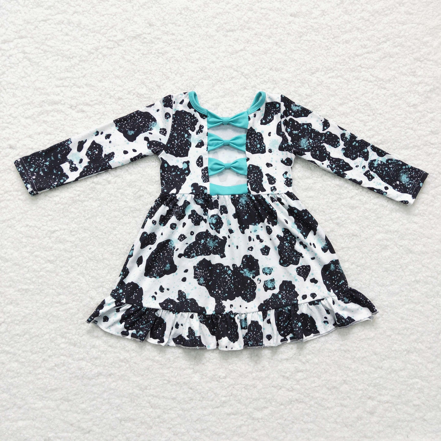 Sibling Baby Girls Cow Turquoises Ruffle Pants Western Clothes Sets Knee Length Dress Rompers
