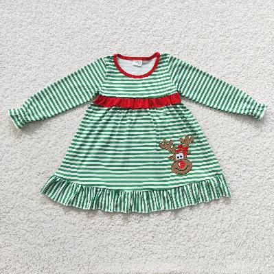 Sibling Baby Kids Christmas Embroidery Deer Stripe Clothes Sets Rompers Dresses