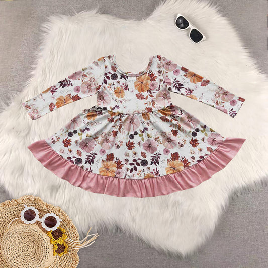 Sibling Baby Girls Long Sleeves Lavender Pumpkins Floral Dresses Zipper Rompers