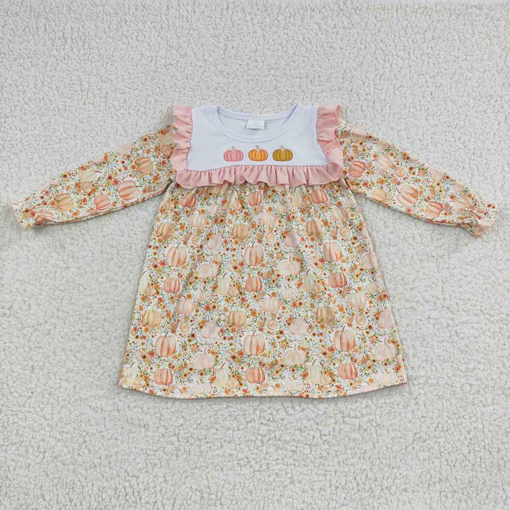 Sibling Baby Girls Embroidery Pumpkins Floral Long Ruffle Sleeves Pant Set Rompers Dresses