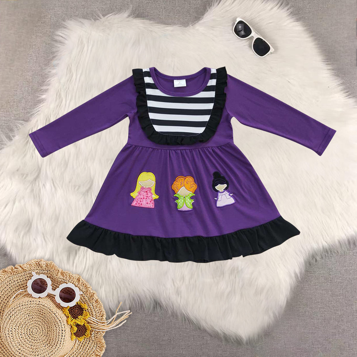 Sibling Baby Girls Purple Princess Tunic Stripe Bell Bottom Pant Set Dresses