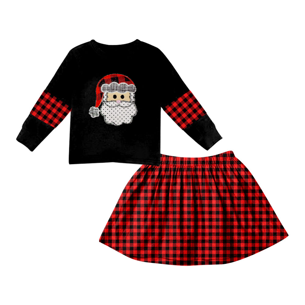 Baby Girls Black Christmas Santa Top Checkered Skirt Sets preorder