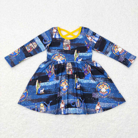 Sibling Baby Girls Blue Nativity Christmas Ruffle Knee Length Dresses