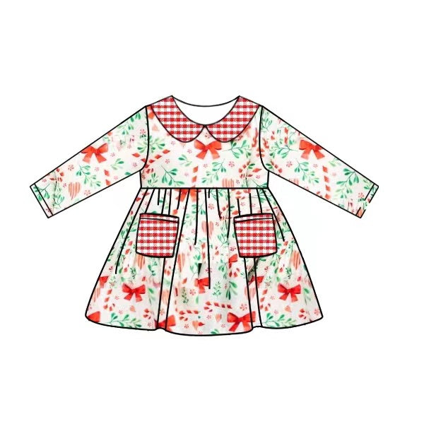 Baby Girls Christmas Bows Candy Cane Pockets Knee Length Dresses preorder