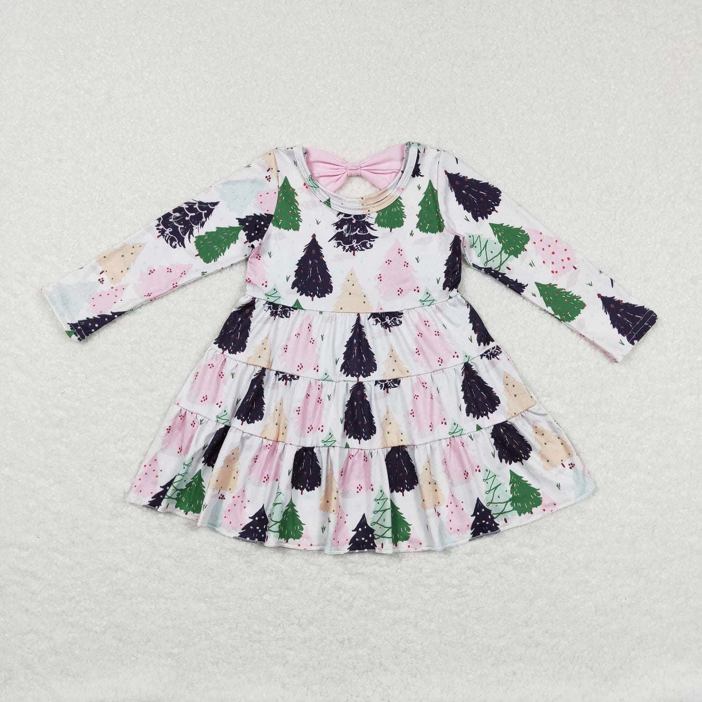 Sibling Baby Girls Bows Trees Plaid Christmas Ruffle Knee Length Dresses