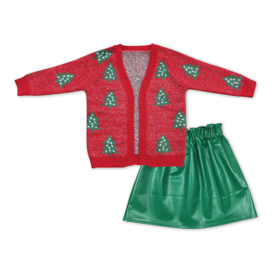 Baby Girls Red Christmas Tree Cardigan Green Leather Elastic Skirts Clothes Sets