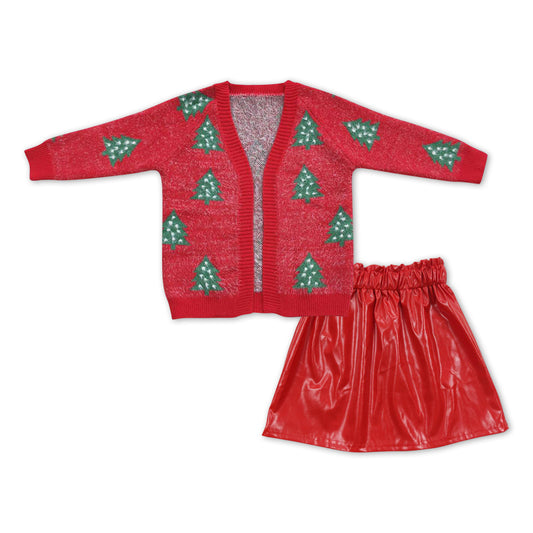 Baby Girls Red Christmas Tree Cardigan Leather Elastic Skirts Clothes Sets