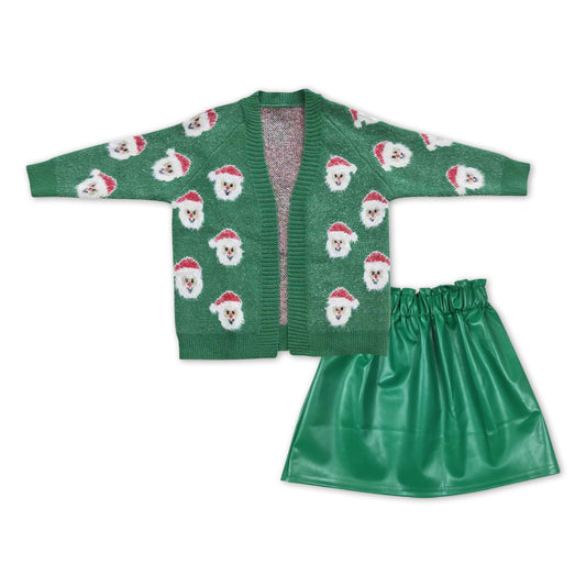Baby Girls Green Christmas Santa Cardigan Leather Elastic Skirts Clothes Sets