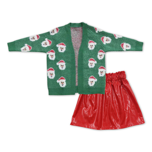 Baby Girls Green Christmas Santa Cardigan Leather Skirts Clothes Sets