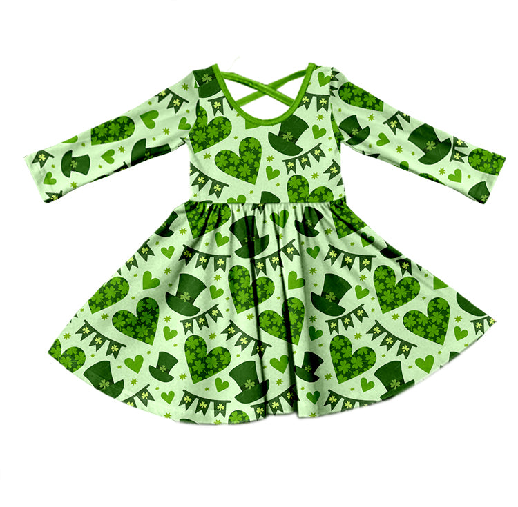 Baby Girls St Patrick Day Long Sleeve Quatrefoil Knee Length Dresses Preorder