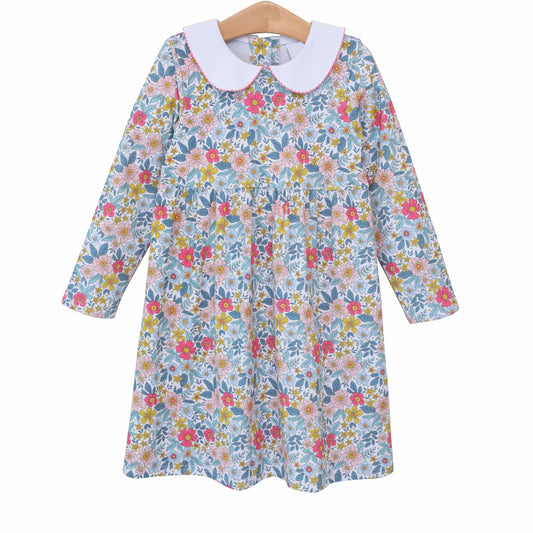 Baby Girls Blue Flowers Collar Long Sleeve Knee Length Dresses Preorder