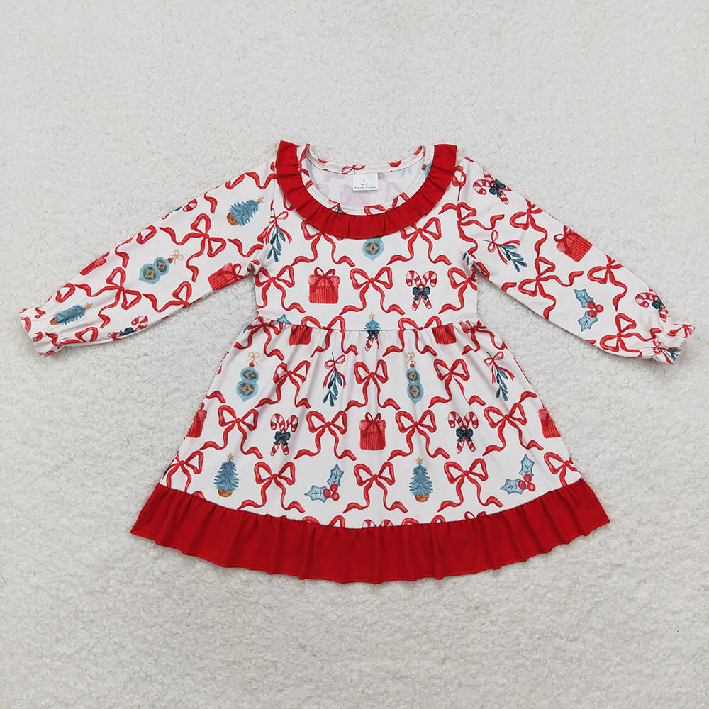 Baby Girls Christmas Candy Cane Bows Ruffle Knee Length Dresses