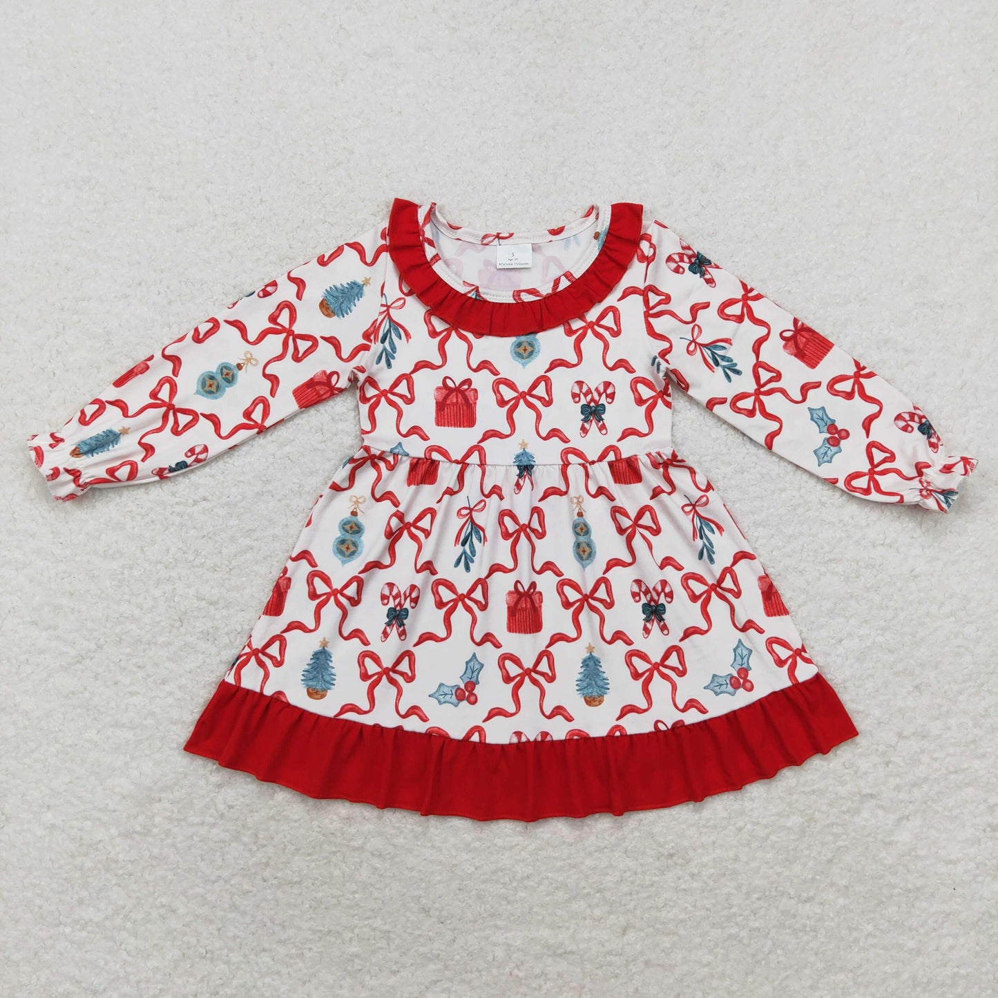 Sibling Baby Girls Christmas Candy Cane Holly Checked Ruffle Pant Pajamas Sets Knee Length Dress