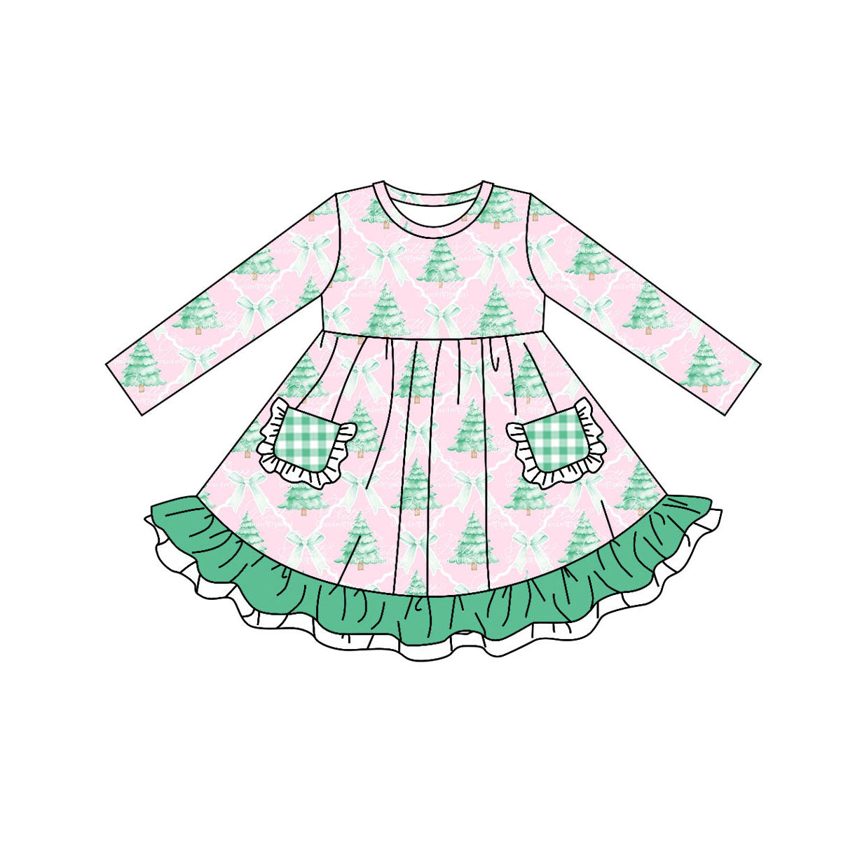 Baby Girls Christmas Pink Tree Pockets Ruffle Knee Length Dresses Preorder