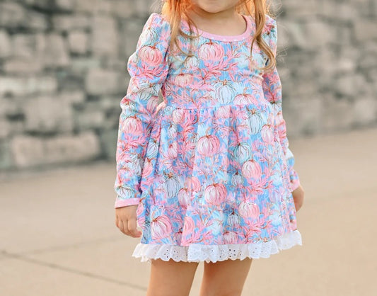 Baby Girls Pumpkin Leaves Long Sleeve Knee Length Dresses Preorder