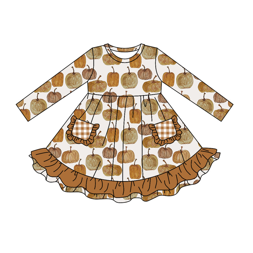 Baby Girls Fall Pumpkin Pockets Knee Length Dresses Preorder