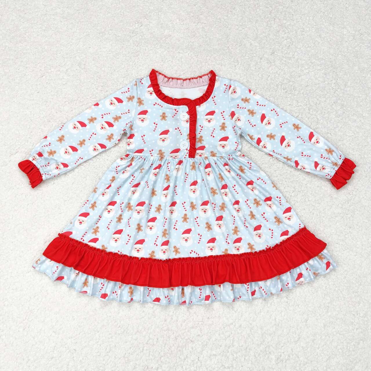 Sibling Baby Girls Long Sleeve Colorful Frogs Trees Christmas Button Knee Length Dresses