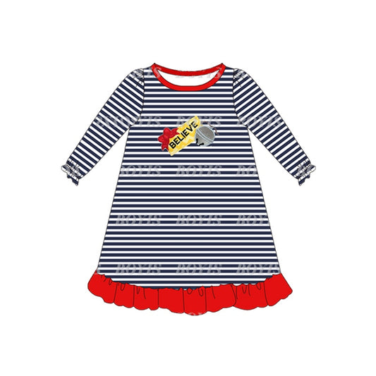 Baby Girls Blue Stripes Believe Ruffle Long Sleeve Dresses Preorder