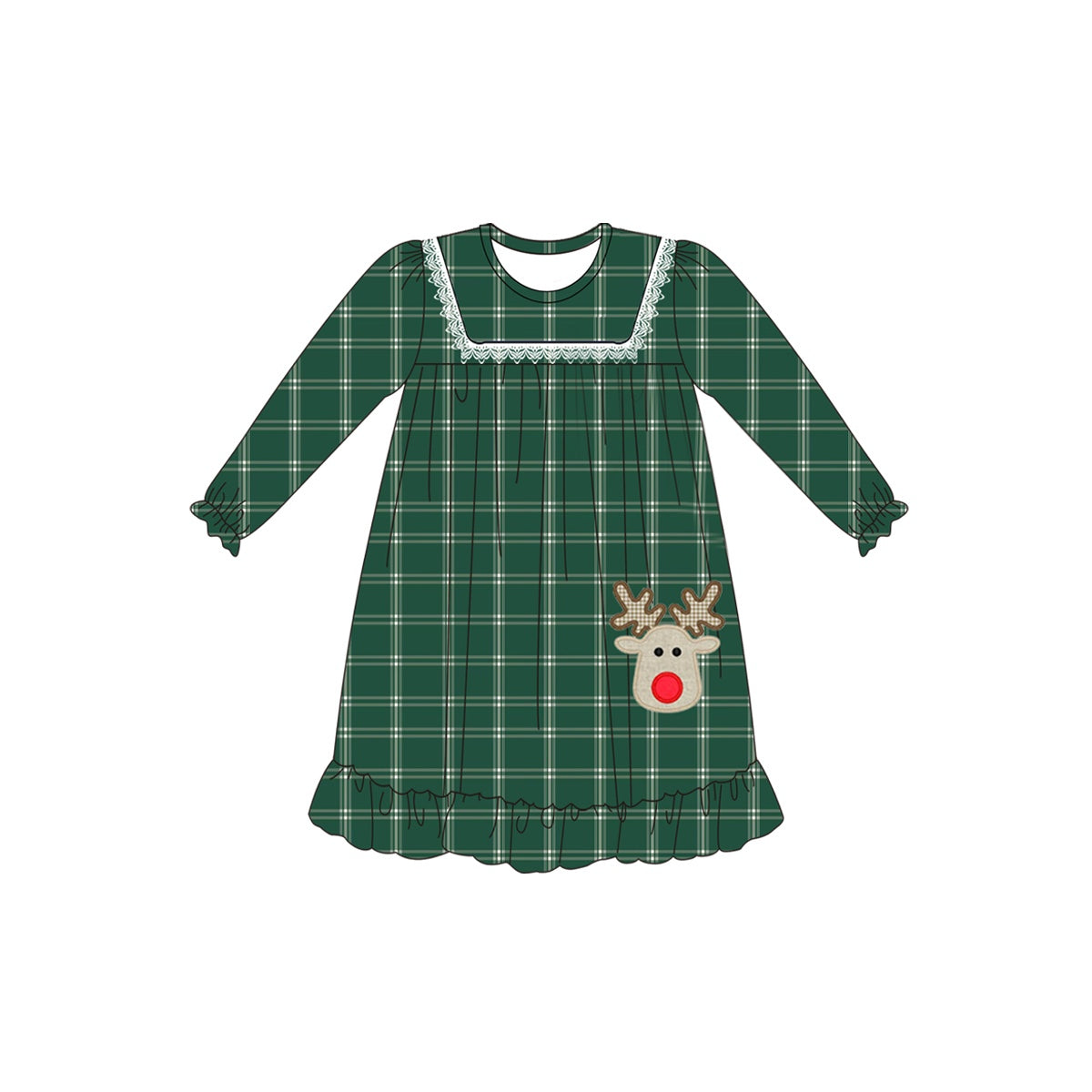 Baby Girls Christmas Checkered Deer Long Sleeve Knee Length Dresses Preorder