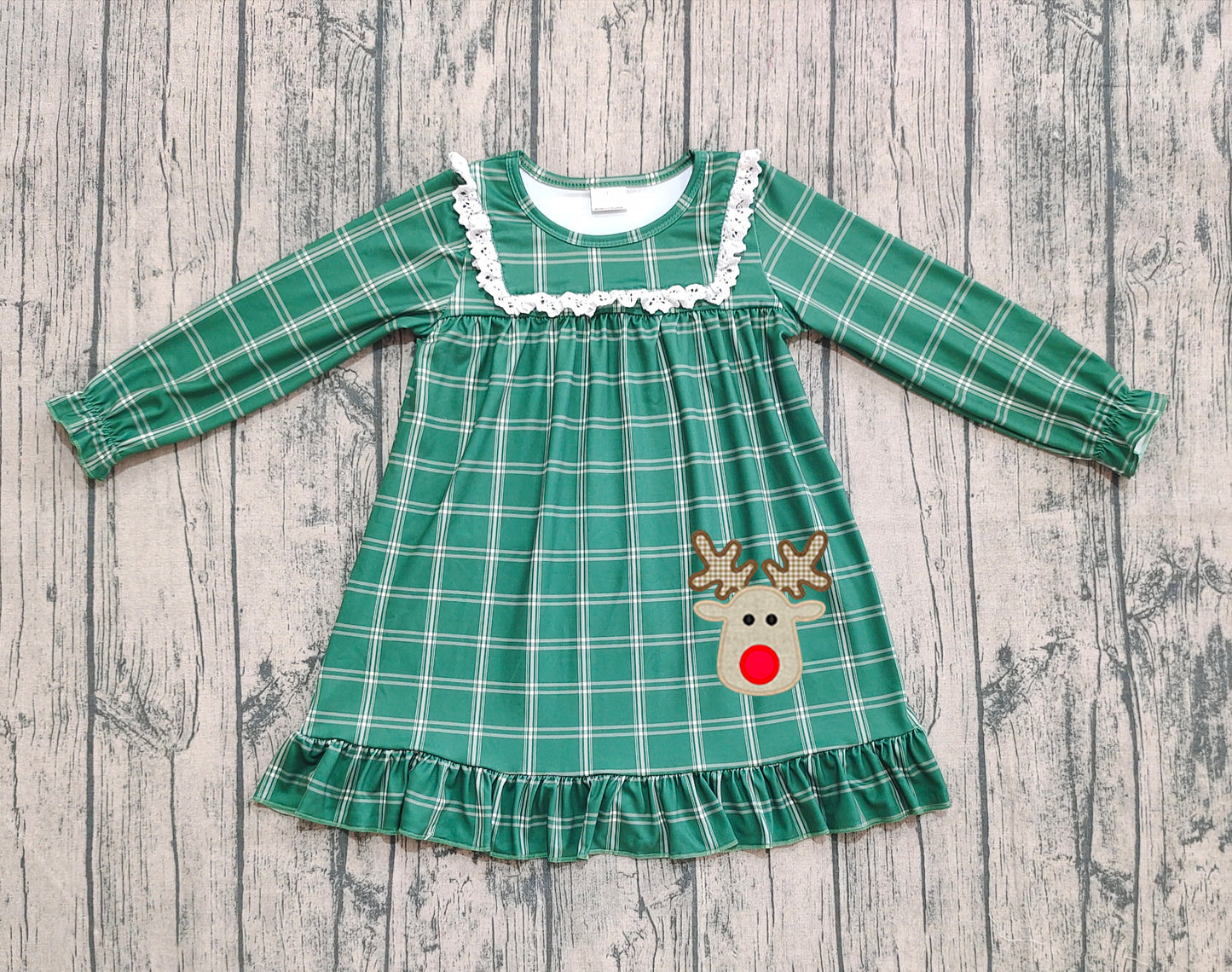 Embroidery Deer Baby Girls Green Checkered Christmas Knee Length Dresses