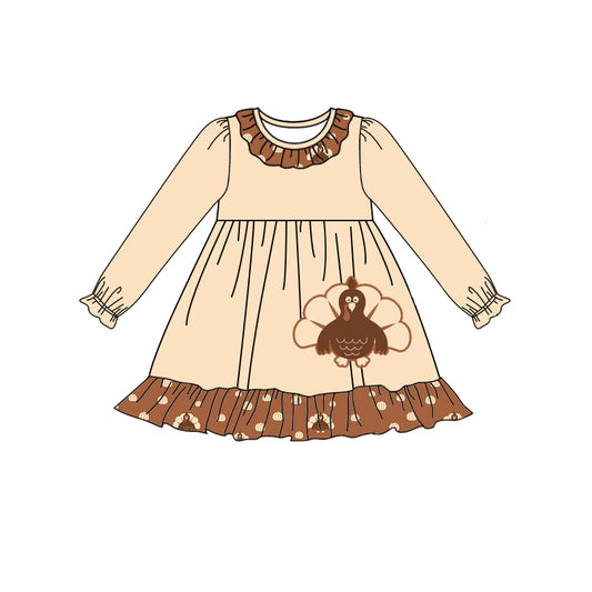 Baby Girls Thanksgiving Turkey Pumpkin Long Sleeve Knee Length Dresses Preorder