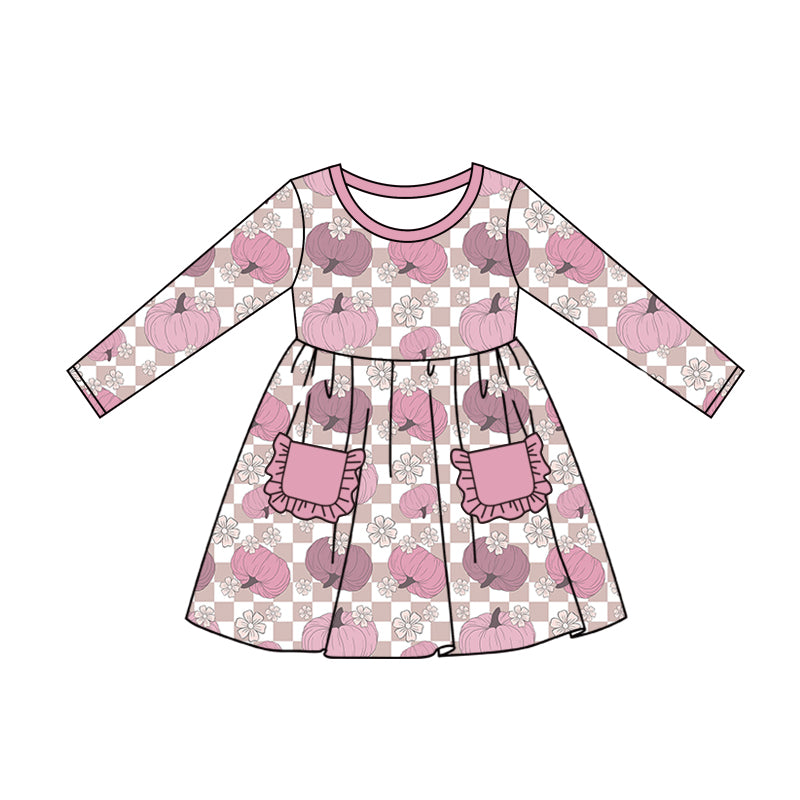 Baby Girls Pink Pumpkin Checkered Pockets Knee Length Dresses Preorder