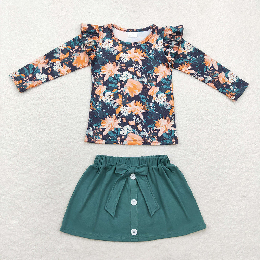 Baby Girls Fall Navy Flowers Shirts Skirt Clothes Sets