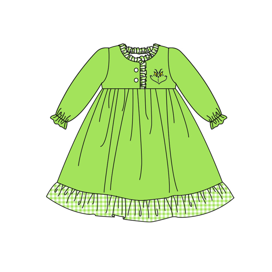 Baby Girls Christmas Green Face Ruffle Knee Length Dresses Preorder