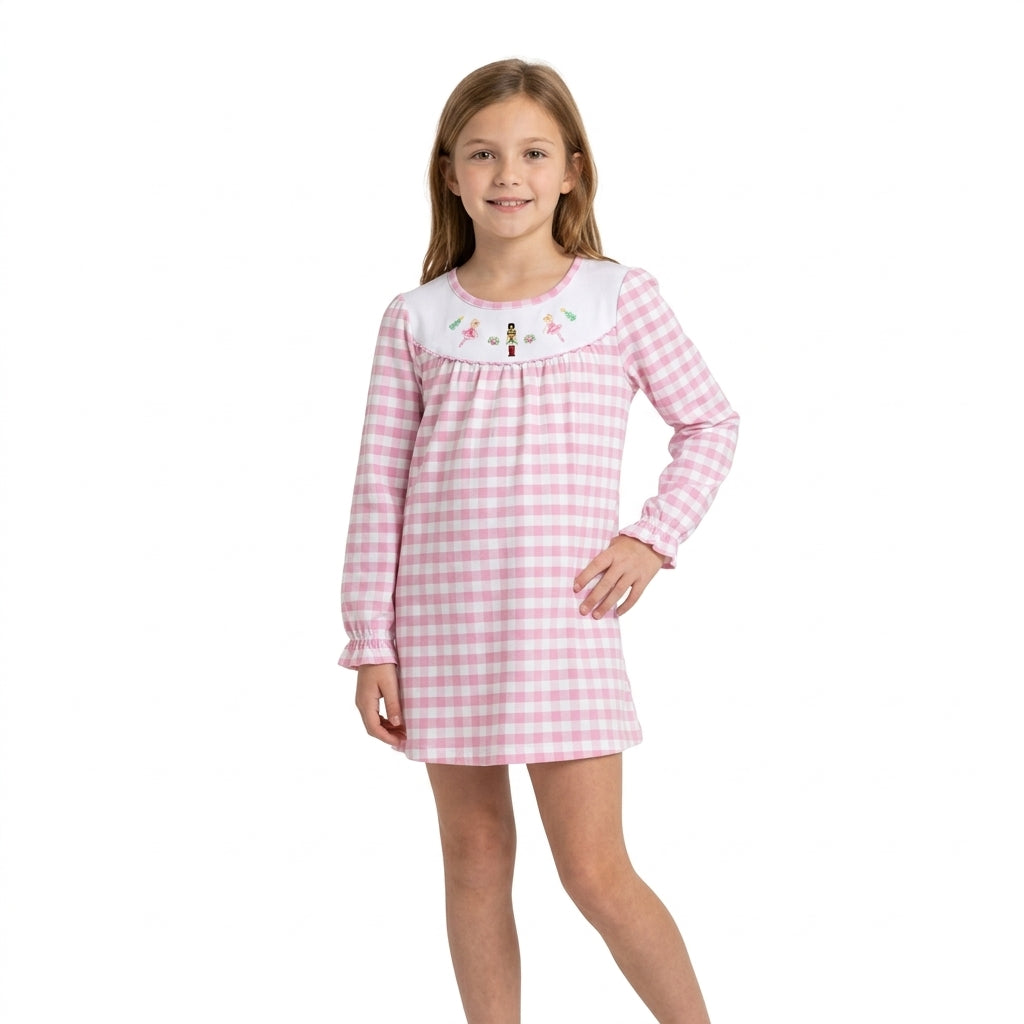 Embroidery Soldiers Trees Baby Girls Pink Checked Knee Length Dress