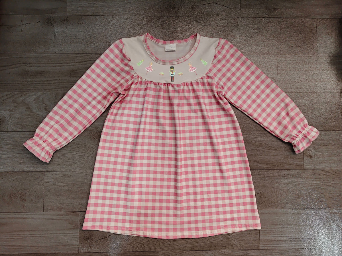 Embroidery Soldiers Trees Baby Girls Pink Checked Knee Length Dress Preorder