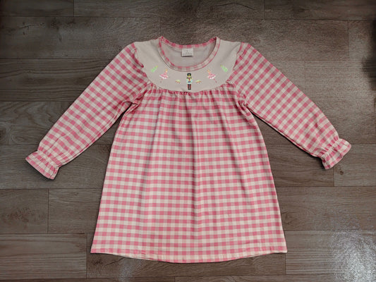 Embroidery Soldiers Trees Baby Girls Pink Checked Knee Length Dress Preorder