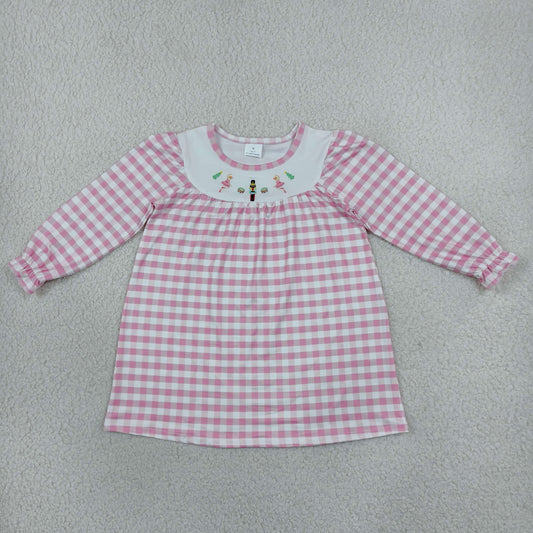 Embroidery Soldiers Trees Baby Girls Pink Checked Knee Length Dress