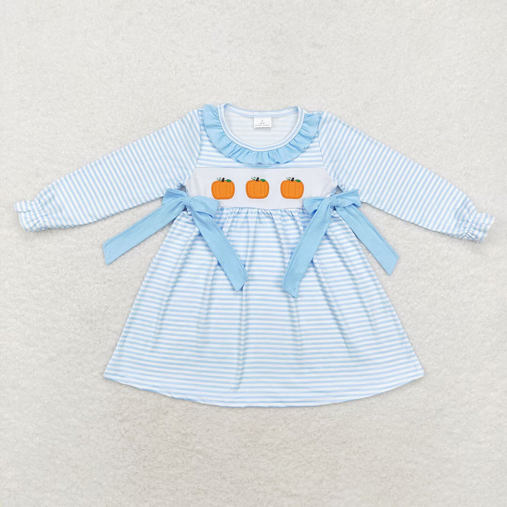 Baby Girls Blue Stripes Pumpkin Bows Knee Length Dresses