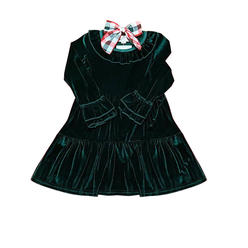 Baby Girls Green Velvet Ruffle Knee Length Dresses Preorder