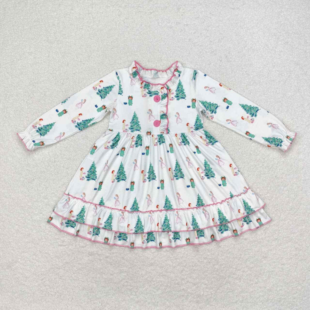 Sibling Baby Girls Long Sleeve Colorful Frogs Trees Christmas Button Knee Length Dresses