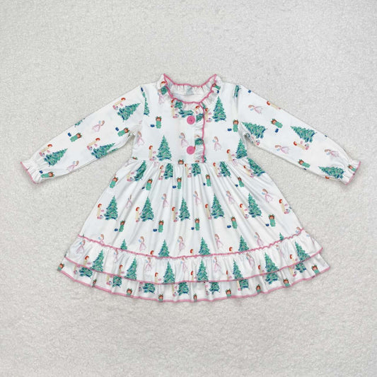 Sibling Baby Girls Long Sleeve Colorful Frogs Trees Christmas Button Knee Length Dresses