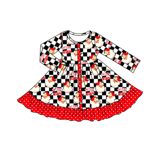 Baby Girls Christmas Santa Checkered Ruffle Knee Length Dresses Preorder