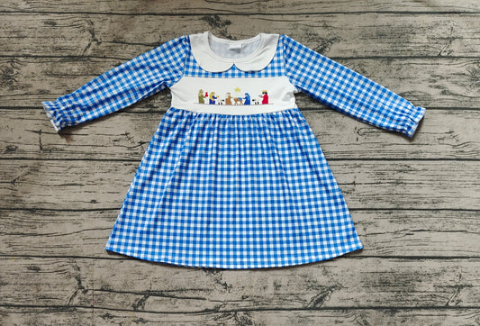 Baby Girls Blue Checkered Nativity Christmas Knee Length Dresses