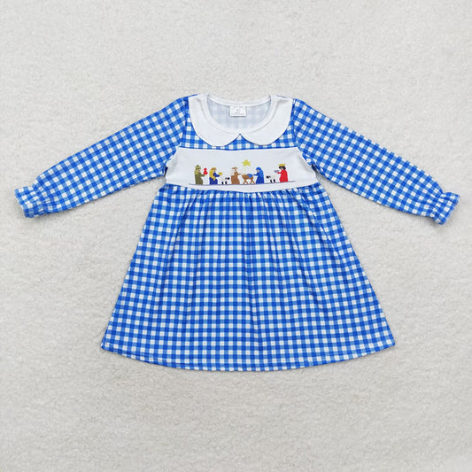 Baby Girls Blue Checkered Nativity Christmas Knee Length Dresses