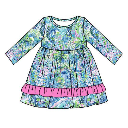 Baby Girls Blue Flowers House Ruffle Knee Length Dresses Preorder