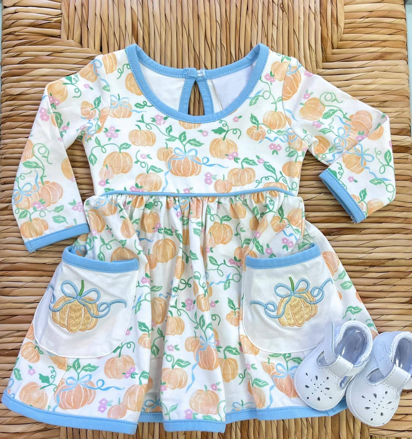 Baby Girls Pumpkins Bows Pockets Knee Length Dresses Preorder