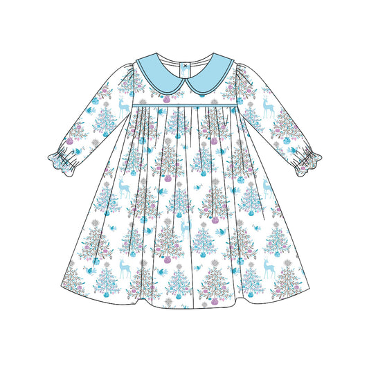 Baby Girls Christmas Blue Trees Knee Length Dresses Preorder