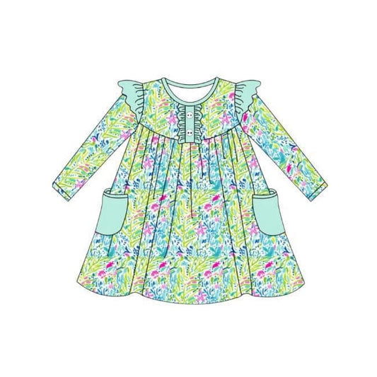 Baby Girls Green Leaves Pockets Knee Length Dresses Preorder