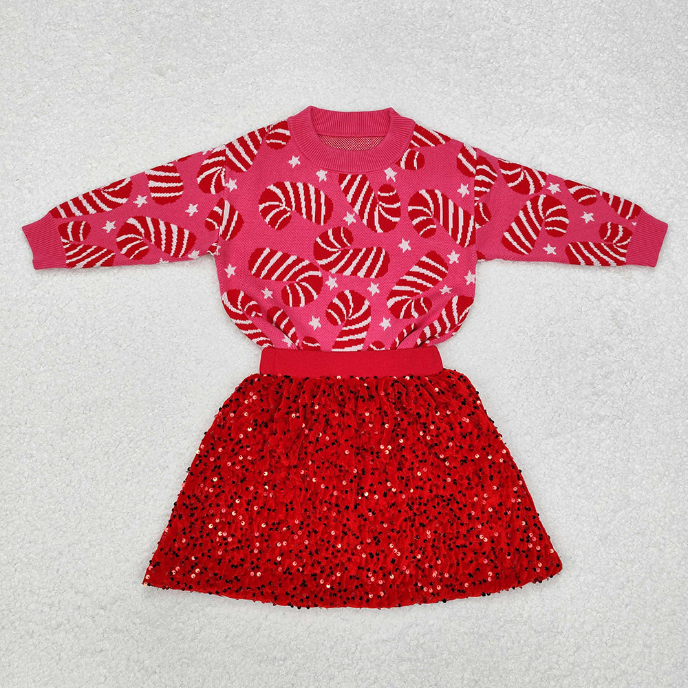 Baby Girls Pink Christmas Candy Cane Sweaters Sequin Skirt Clothes Sets