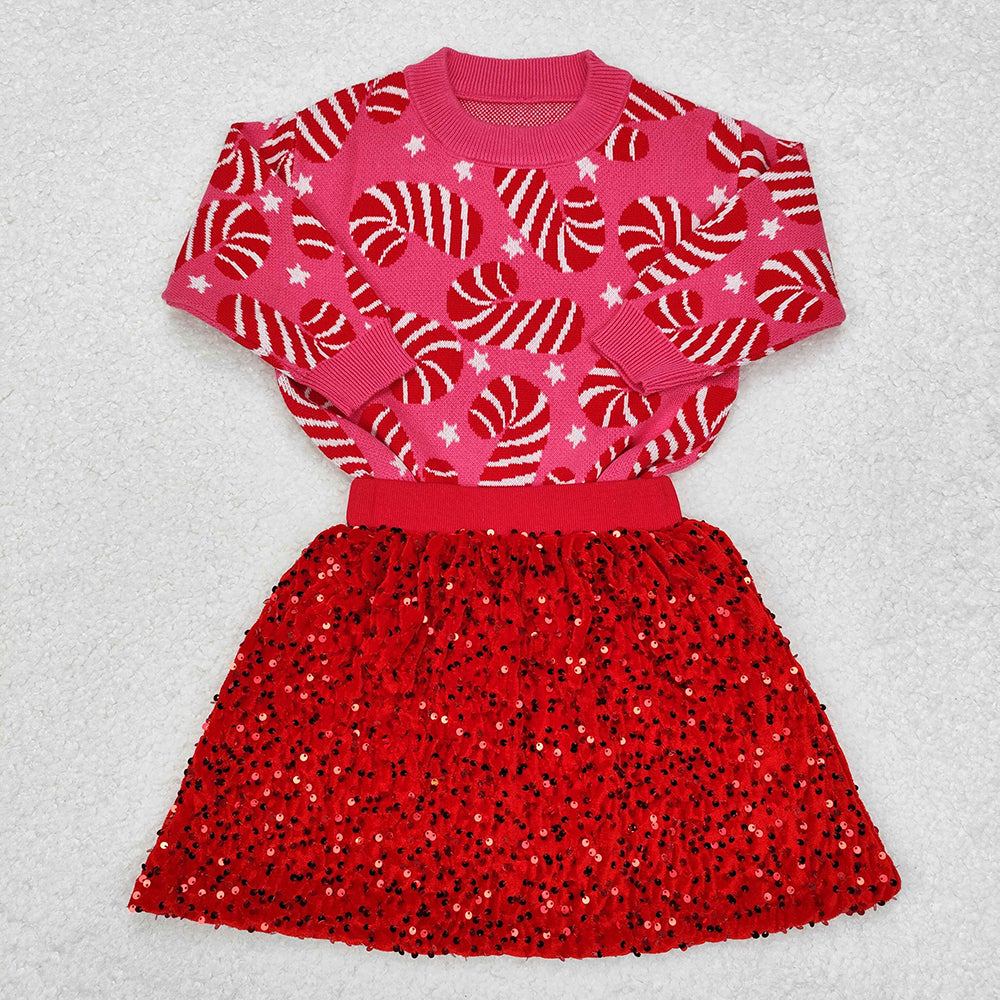 Baby Girls Pink Christmas Candy Cane Sweaters Sequin Skirt Clothes Sets