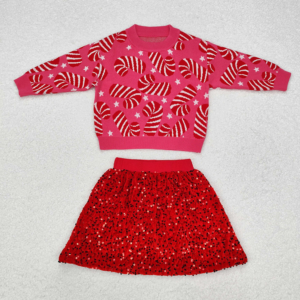 Baby Girls Pink Christmas Candy Cane Sweaters Sequin Skirt Clothes Sets