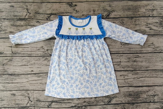 Baby Girls Blue Flowers Christmas Trees Knee Length Dresses