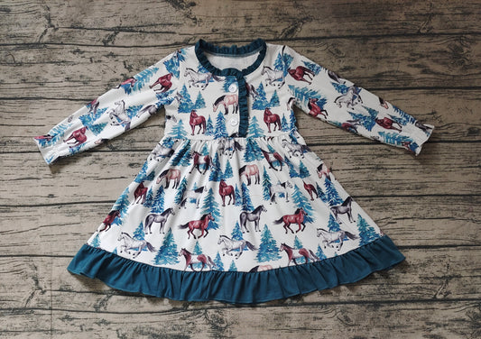 Baby Girls Christmas Western Horse Ruffle Knee Length Dresses